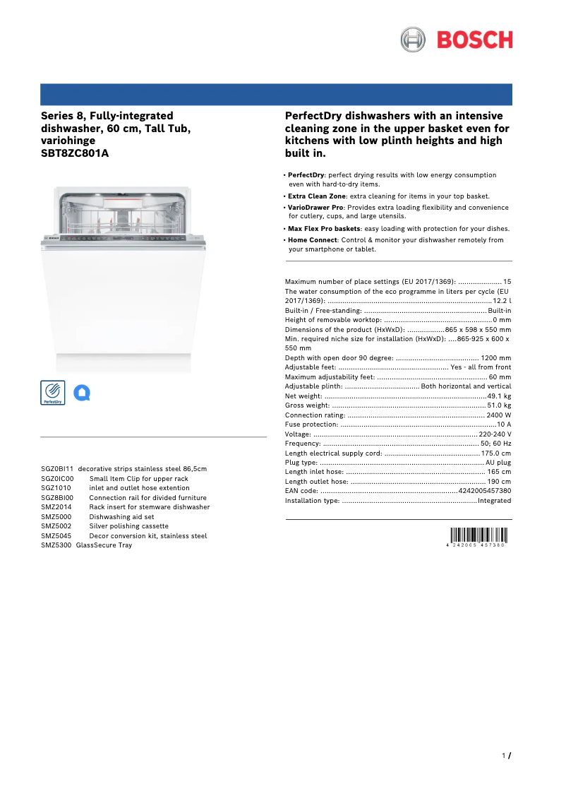 Page n°1 - Fiche technique Bosch SBT8ZC801A