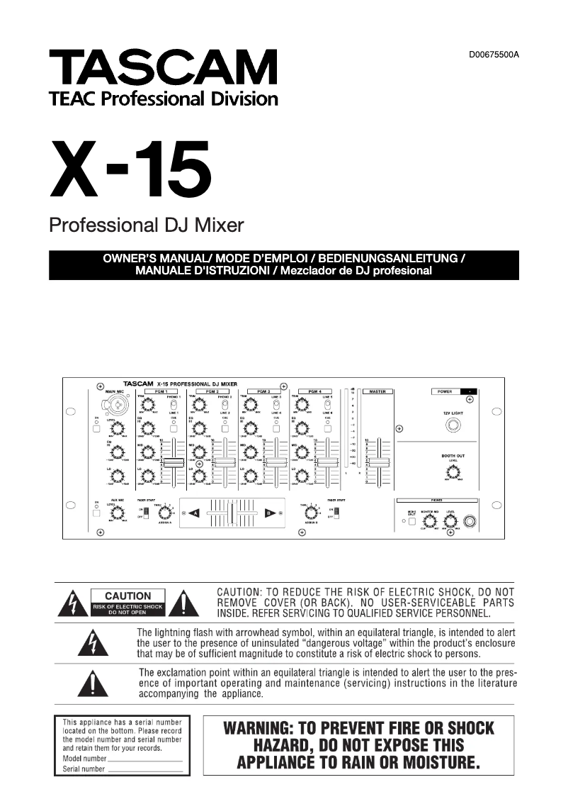 Page n°1 - Manuel utilisateur Tascam X-15