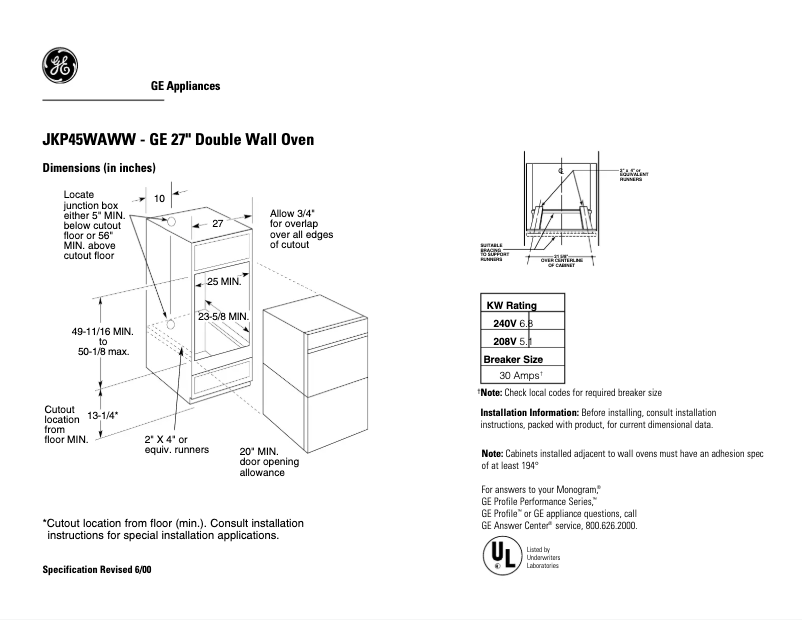 Página 1 del manual Ficha técnica GE JKP45WAWW