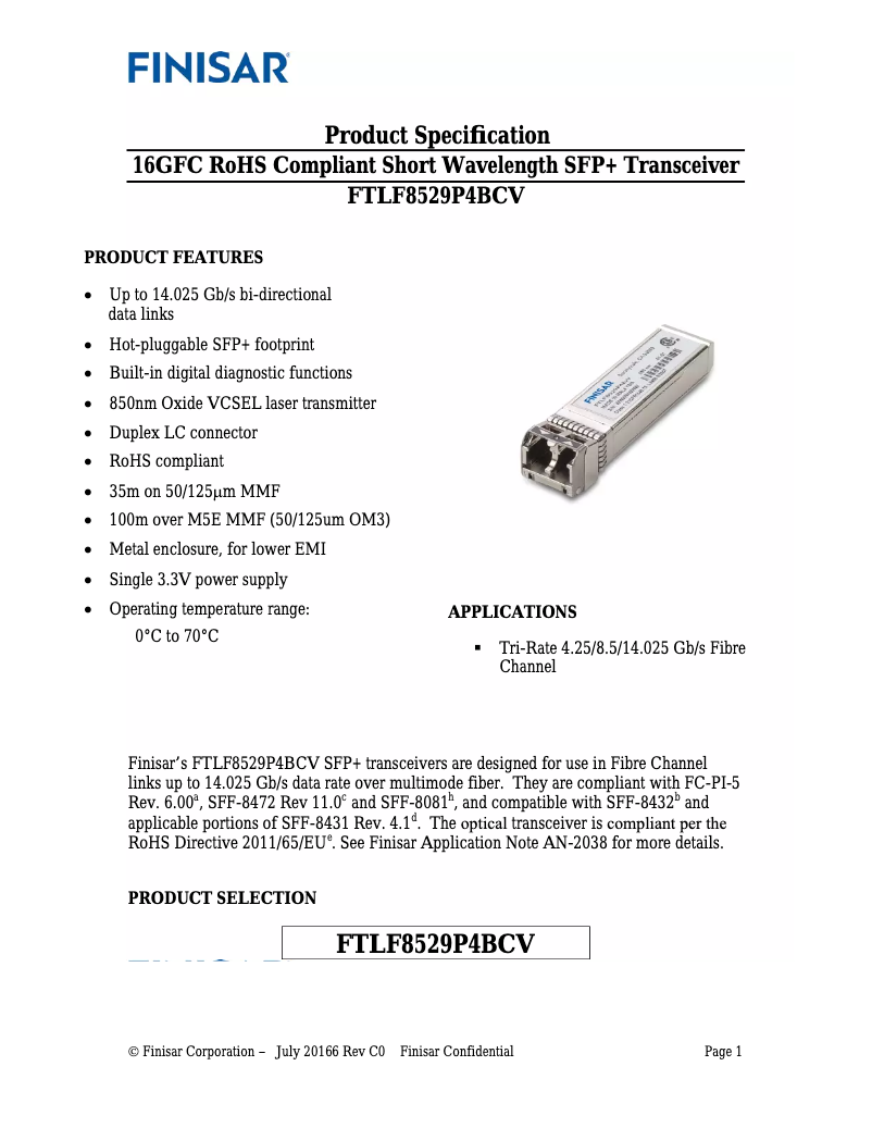 Page n°1 - Manuel utilisateur Finisar FTLF8529P4BCV
