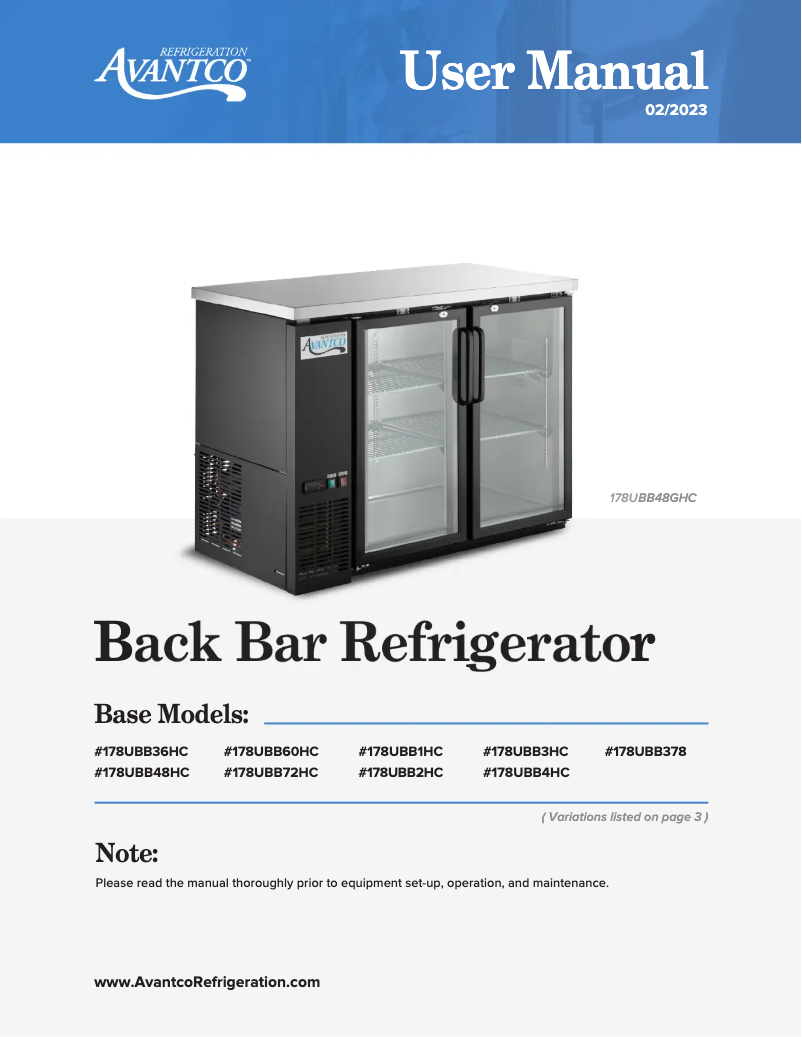 Page 1 de la notice Manuel utilisateur Avantco UBB-72-HC