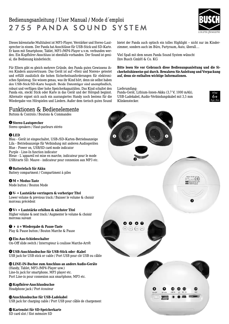 Page n°1 - Manuel utilisateur Busch Panda Sound System