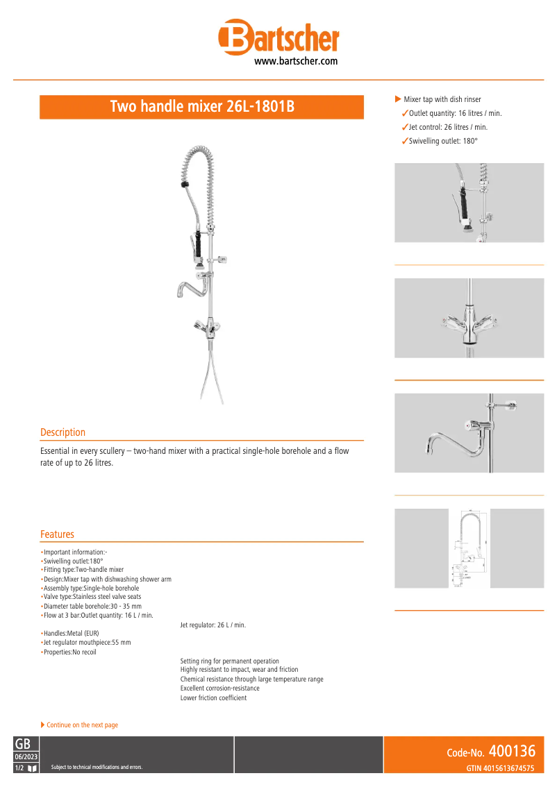 Page 1 de la notice Fiche technique Bartscher 26L-1801B