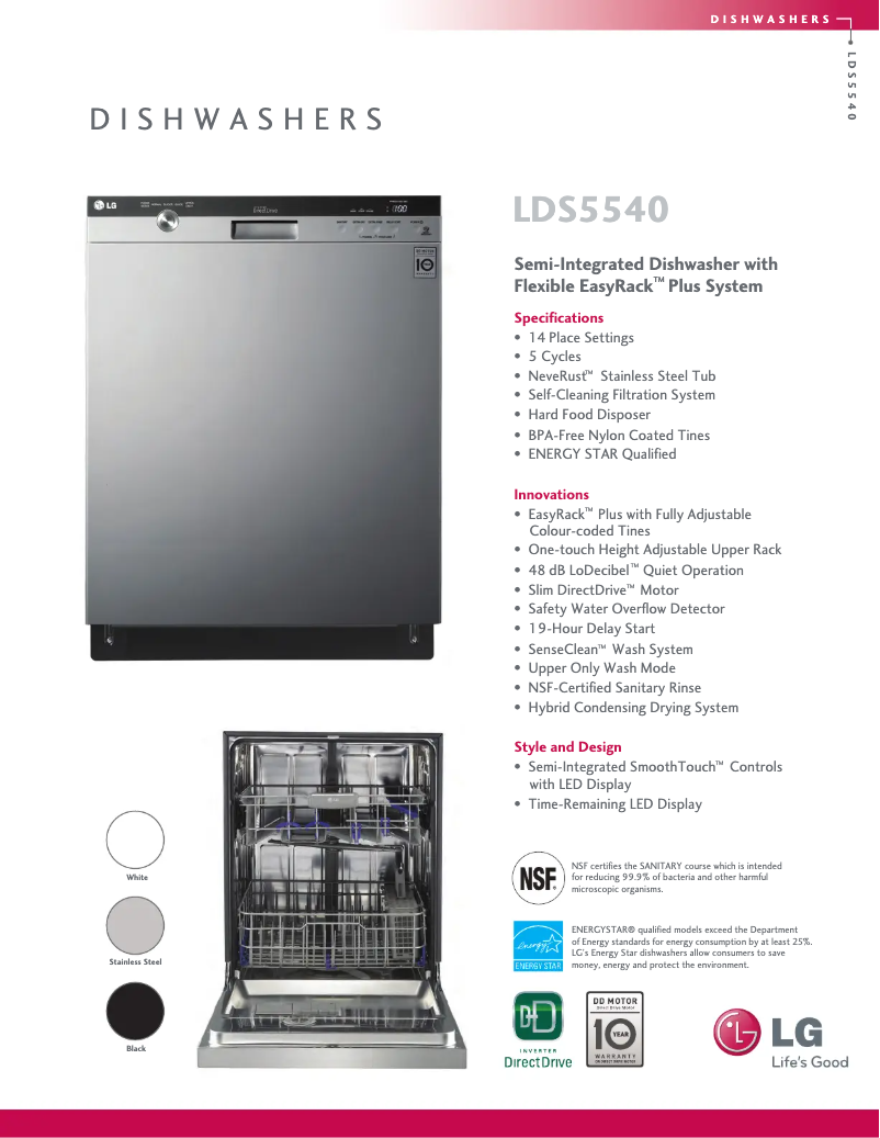 Page 1 de la notice Fiche technique LG LDS5540BB
