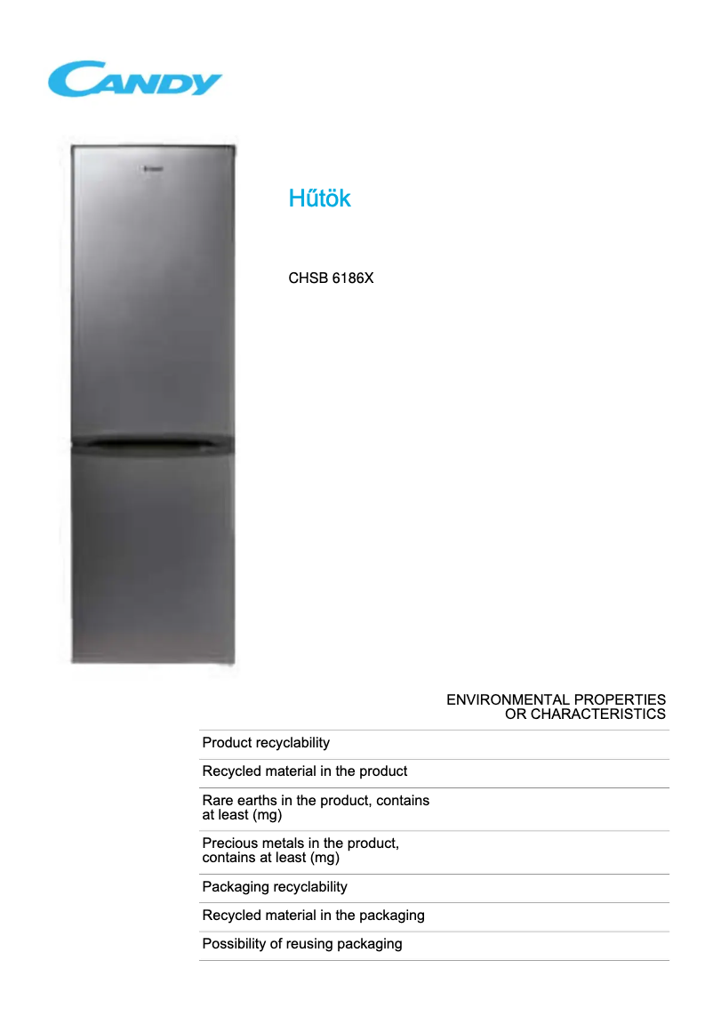 Page 1 de la notice Fiche technique Candy CHSB 6186X