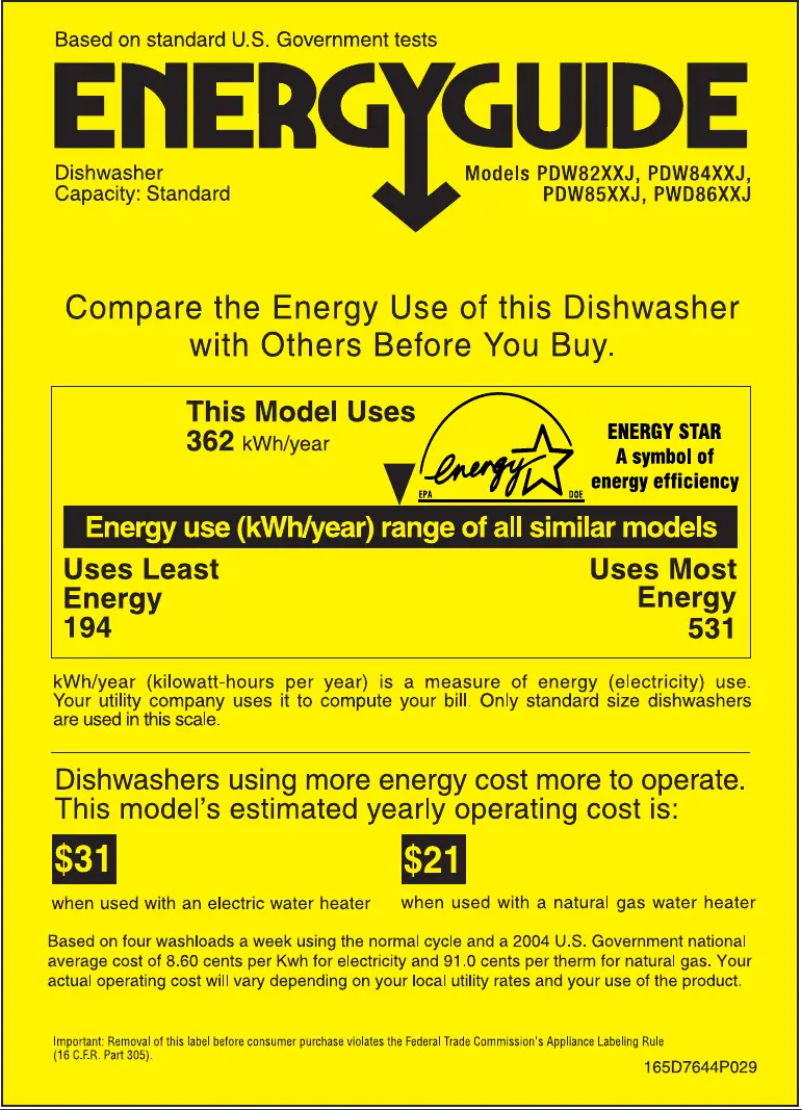 Page n°1 - Label énergétique GE Profile PDW8500JBB