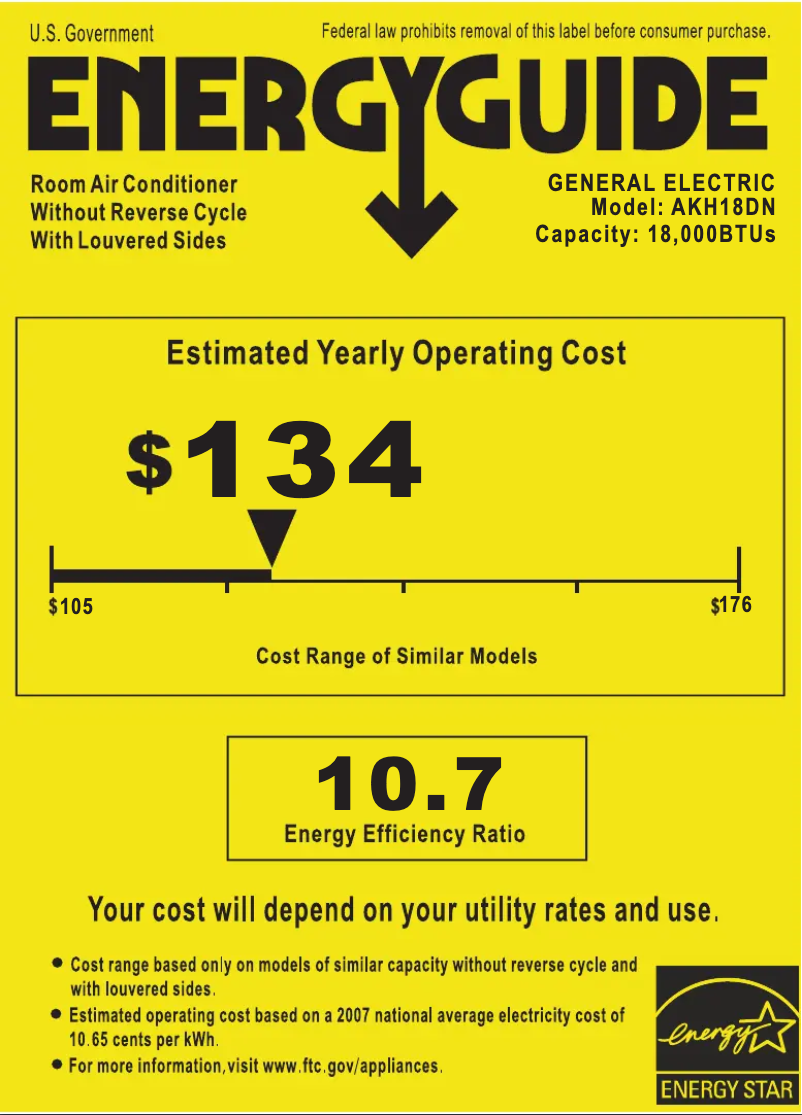 Page 1 de la notice Label énergétique GE AKH18DN
