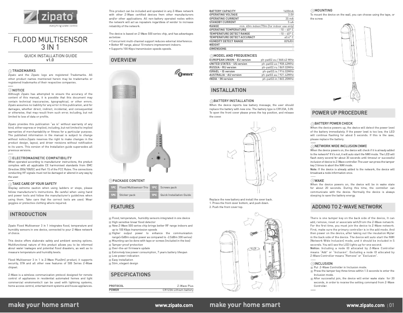 Página 1 del manual Manual de usuario Zipato Flood Multisensor 3 in 1