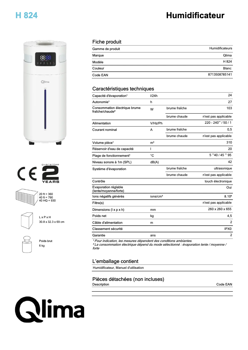 Página 1 del manual Ficha técnica Qlima H824