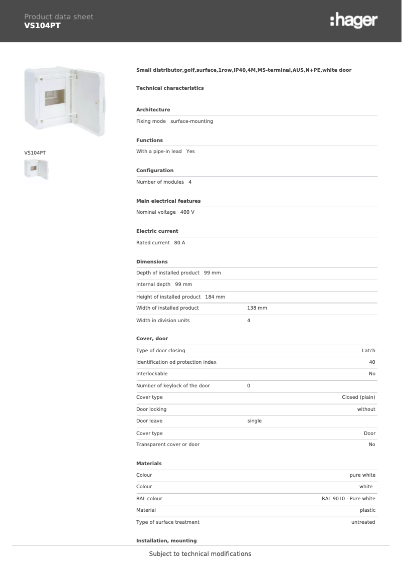 Page n°1 - Fiche technique Hager VS104PT