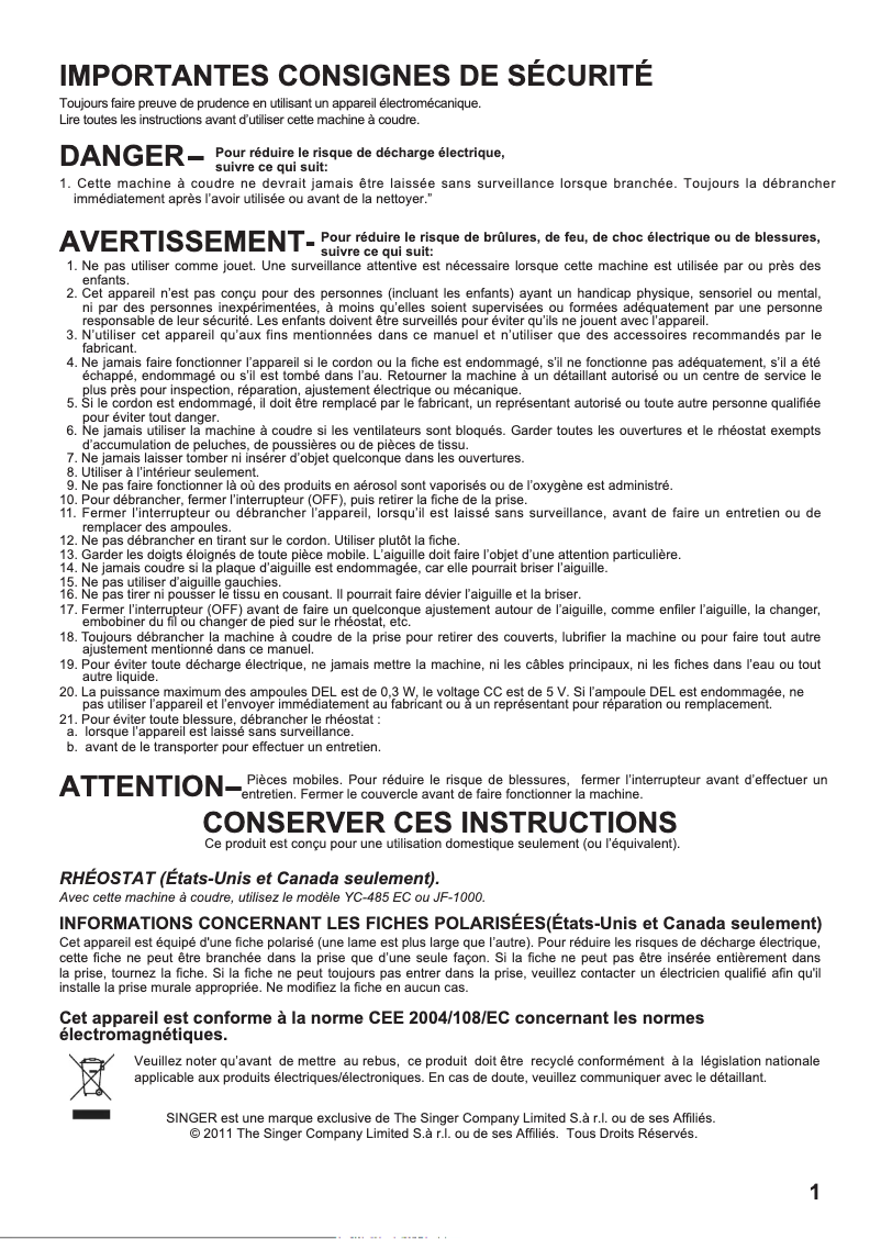 Page 1 de la notice Manuel utilisateur Singer 160