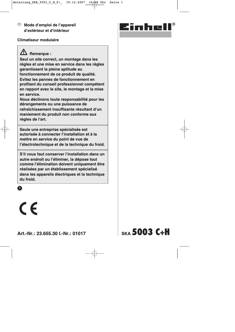 Page n°1 - Manuel utilisateur Einhell SKA 5003 C+H