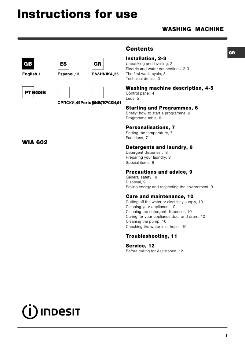 Page 1 de la notice Manuel utilisateur Indesit WIA602