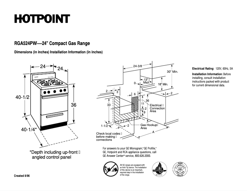 Page 1 de la notice Fiche technique Hotpoint RGA524PWWH