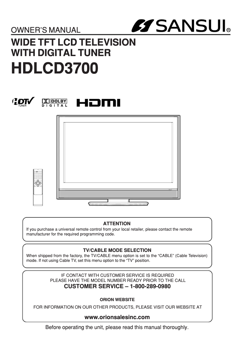 Page 1 of the manual User Manual Sansui HDLCD3700