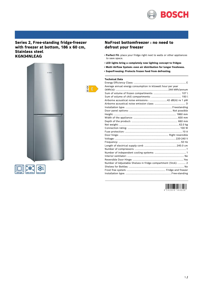 Page n°1 - Fiche technique Bosch Serie 2 KGN34NLEAG