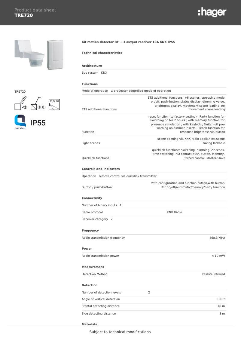 Page 1 de la notice Fiche technique Hager TRE720