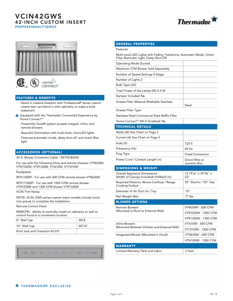 Página 1 del manual Ficha técnica Thermador VCIN42GWS