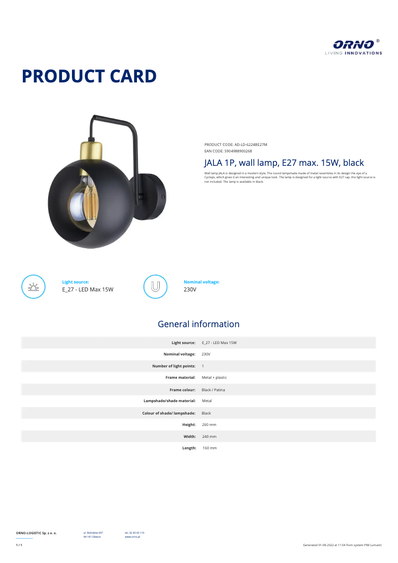 Page 1 de la notice Fiche technique Adviti AD-LD-6224BE27M
