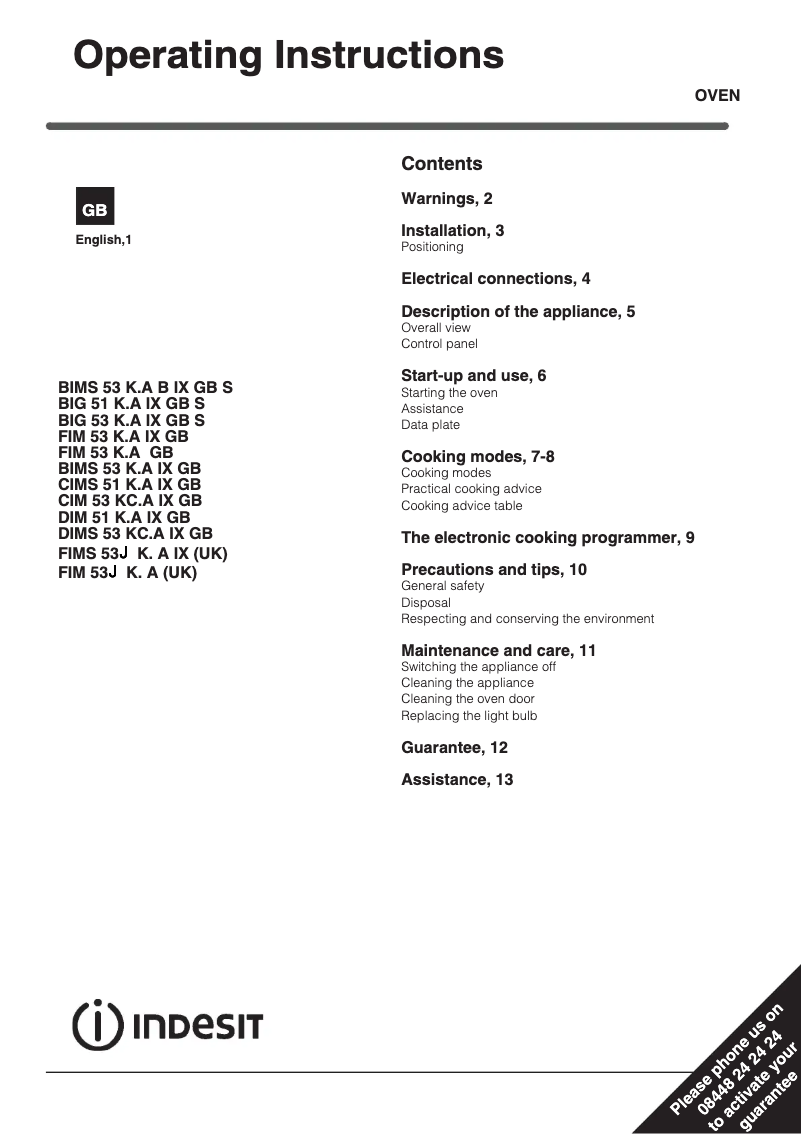 Page 1 de la notice Instructions / montage Indesit DIM 51 K.A IX