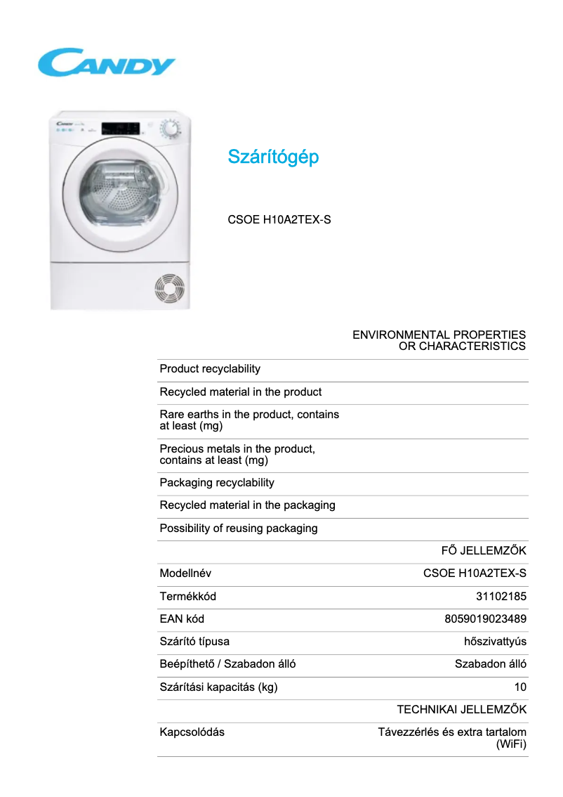 Page 1 de la notice Fiche technique Candy CSOE H10A2TEX-S