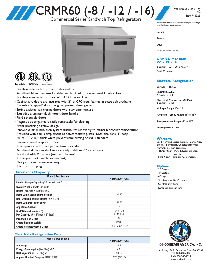 Page 1 de la notice Fiche technique Hoshizaki CRMR60-8