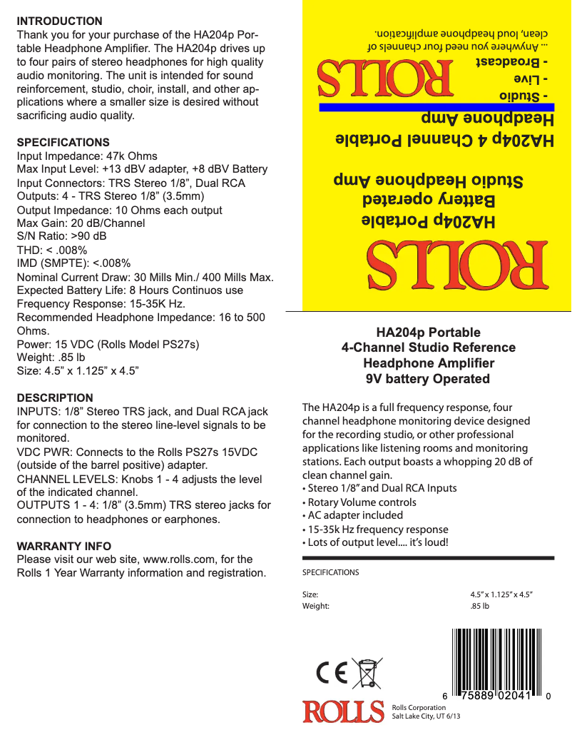 Page 1 de la notice Manuel utilisateur Rolls HA204p