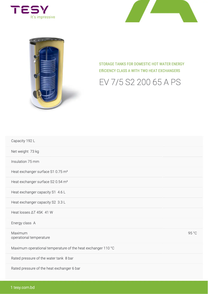 Página 1 del manual Ficha técnica Tesy EV 7/5 S2 200 65 A PS