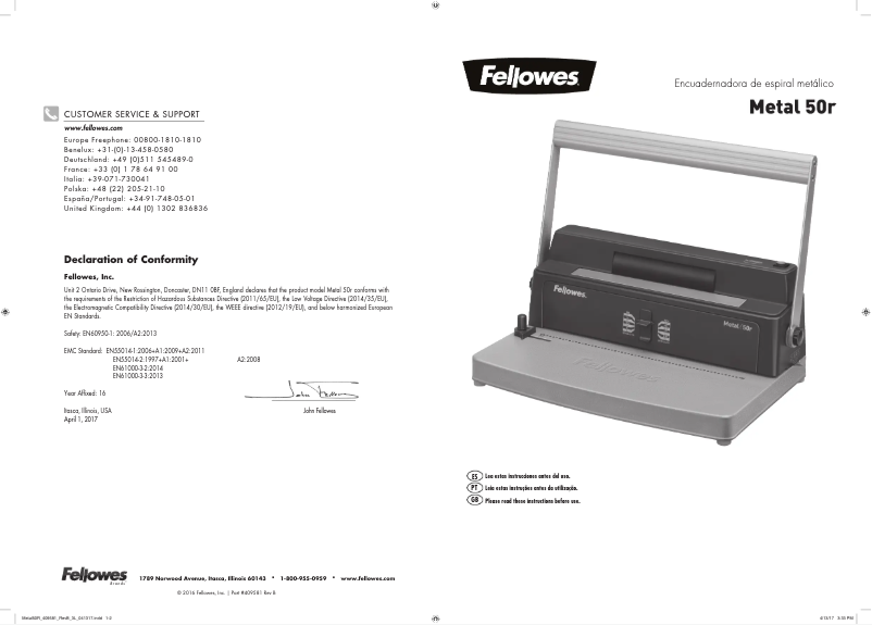 Page 1 de la notice Manuel utilisateur Fellowes Metal 50R