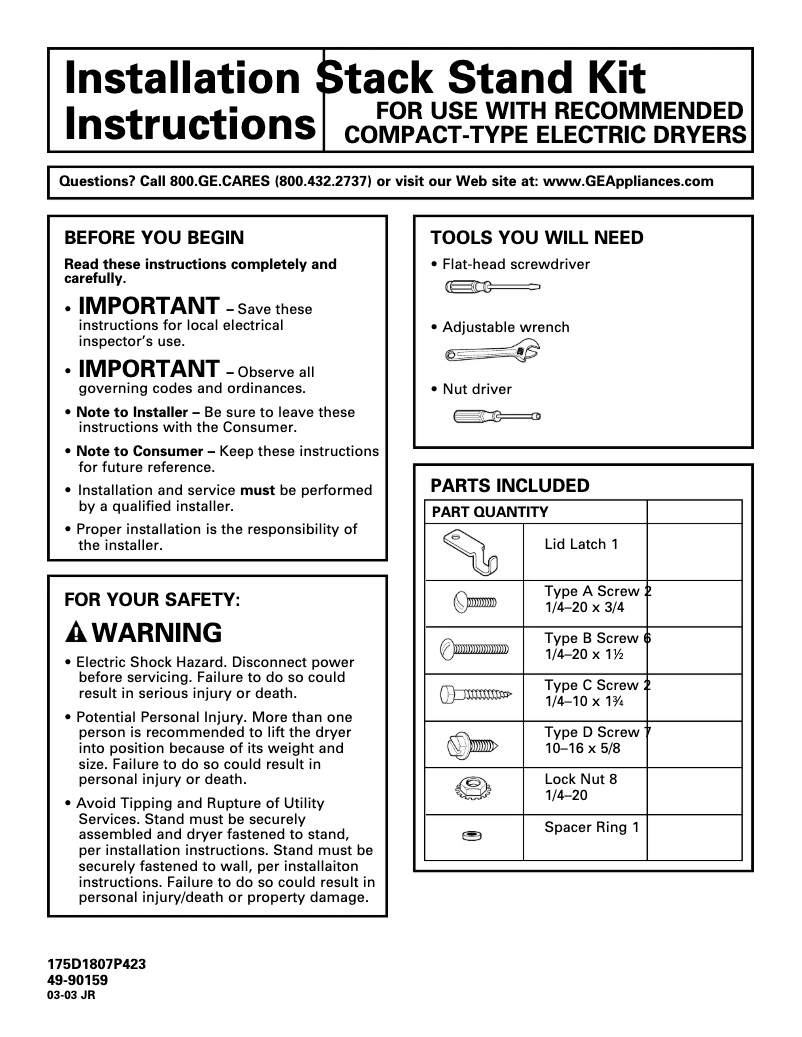 Page 1 de la notice Guide d'installation GE DSR24RWWH