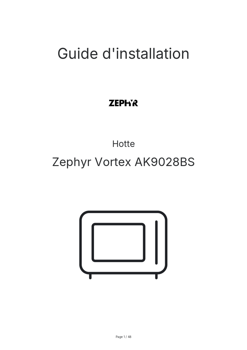 Page n°1 - Guide d'installation Zephyr Vortex AK9028BS