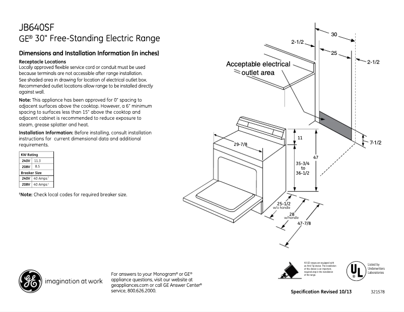 Page 1 of the manual Technical Sheet GE JB640SFSS