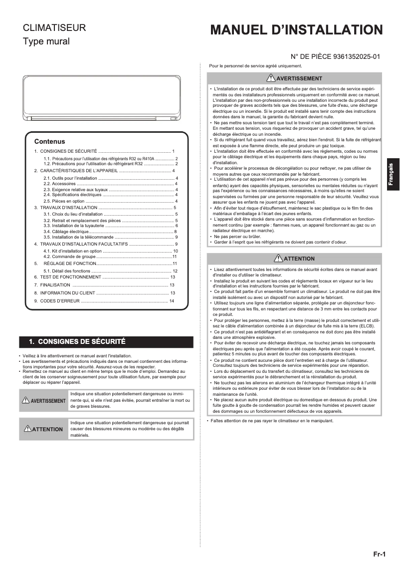 Page 1 de la notice Manuel utilisateur Fujitsu ASHH12KGTG