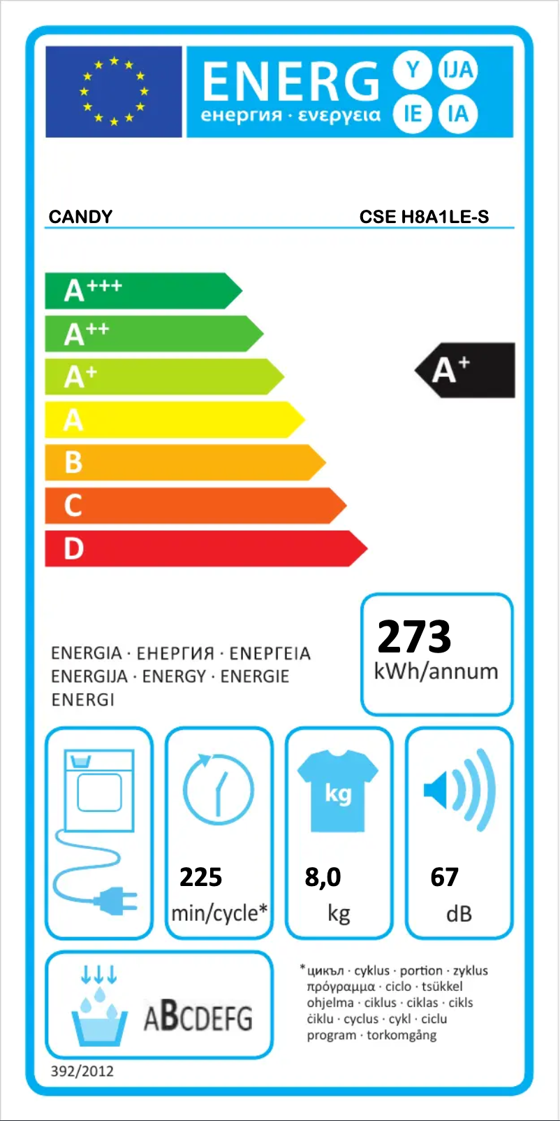 Page n°1 - Label énergétique Candy CSE H8A1LE-S