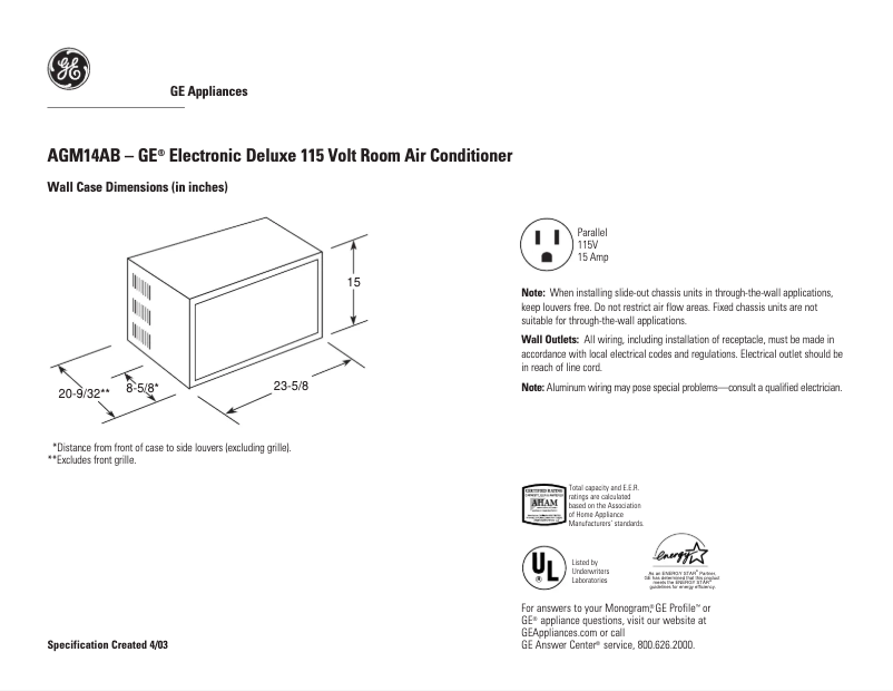 Página 1 del manual Ficha técnica GE AGM14AB