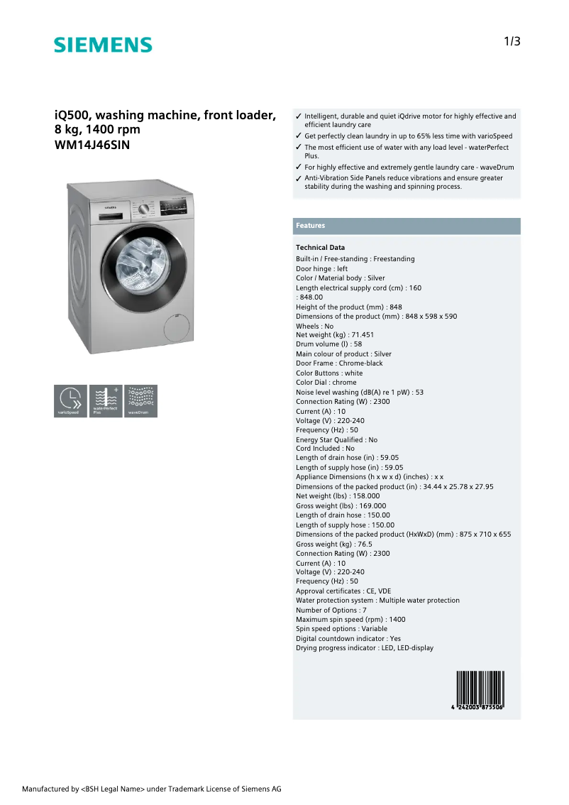 Page n°1 - Fiche technique Siemens WM14J46SIN