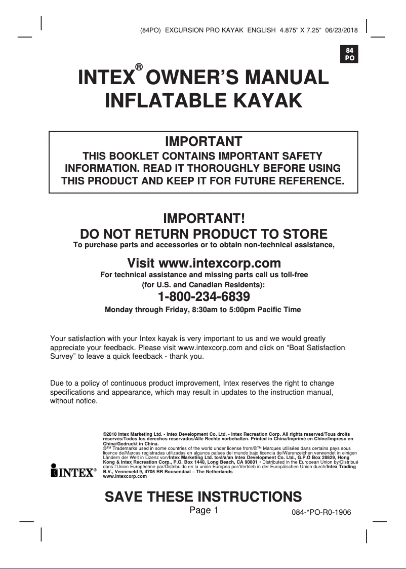 Page 1 de la notice Manuel utilisateur Intex Excursion Pro K1