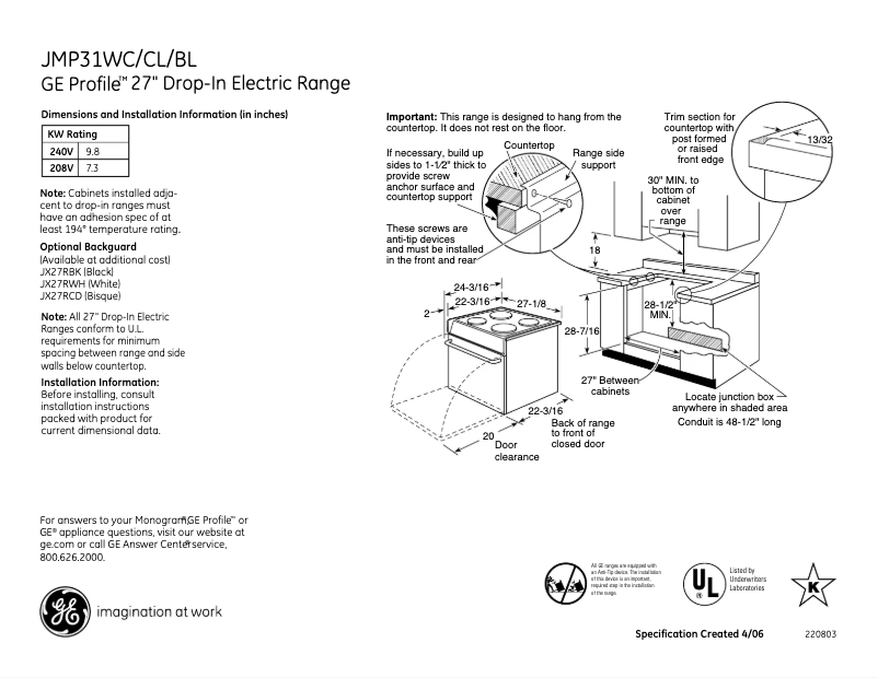Page n°1 - Fiche technique GE Profile JMP31WCWW