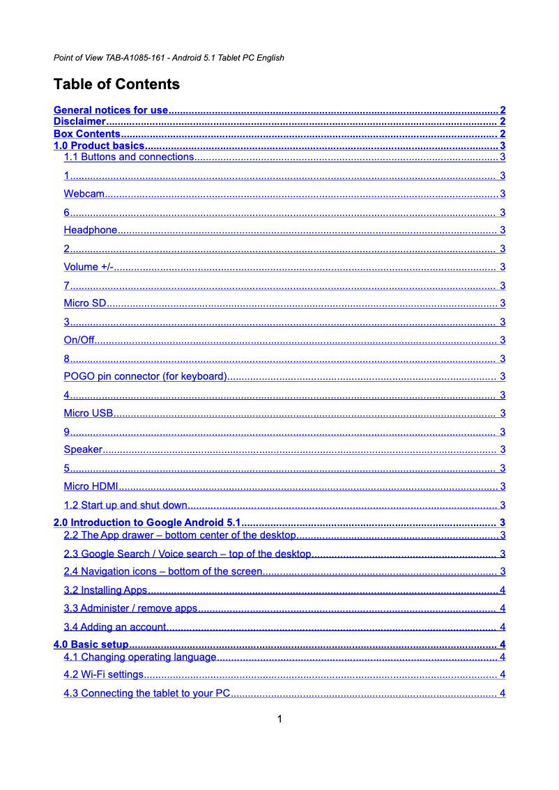 Page n°1 - Manuel utilisateur Point of View TAB-A1085-161