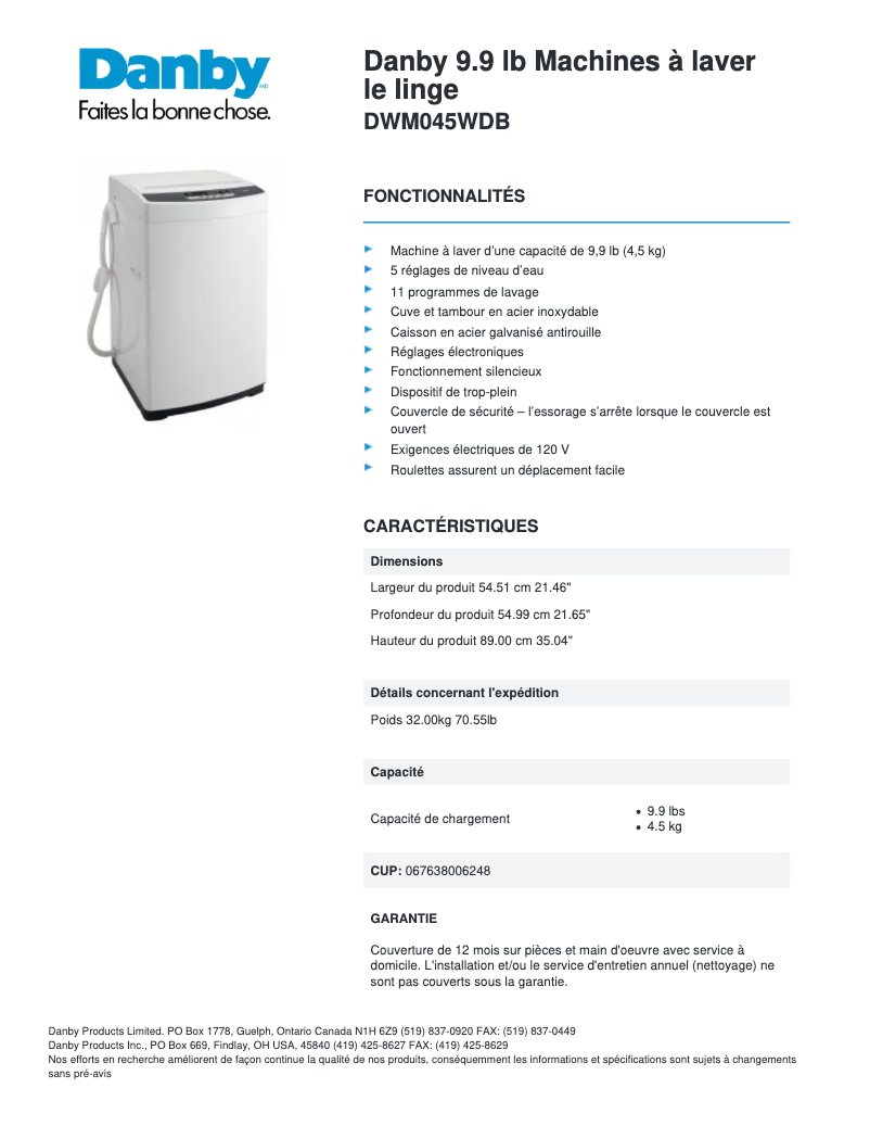 Page 1 de la notice Fiche technique Danby DWM045WDB
