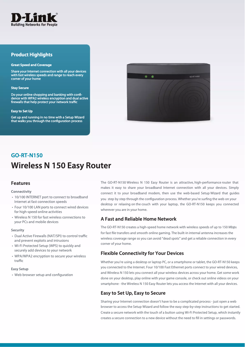 Page 1 de la notice Fiche technique D-Link GO-RT-N150