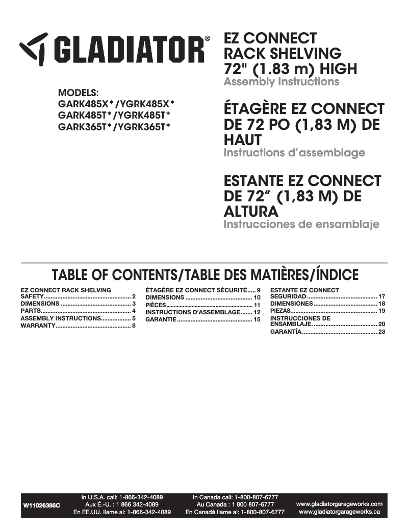 Page n°1 - Guide d'installation Gladiator GARK485XGG