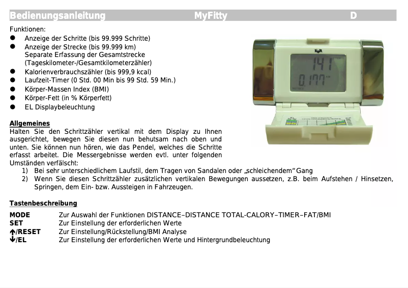 Page 1 de la notice Manuel utilisateur Kasper & Richter MyFitty