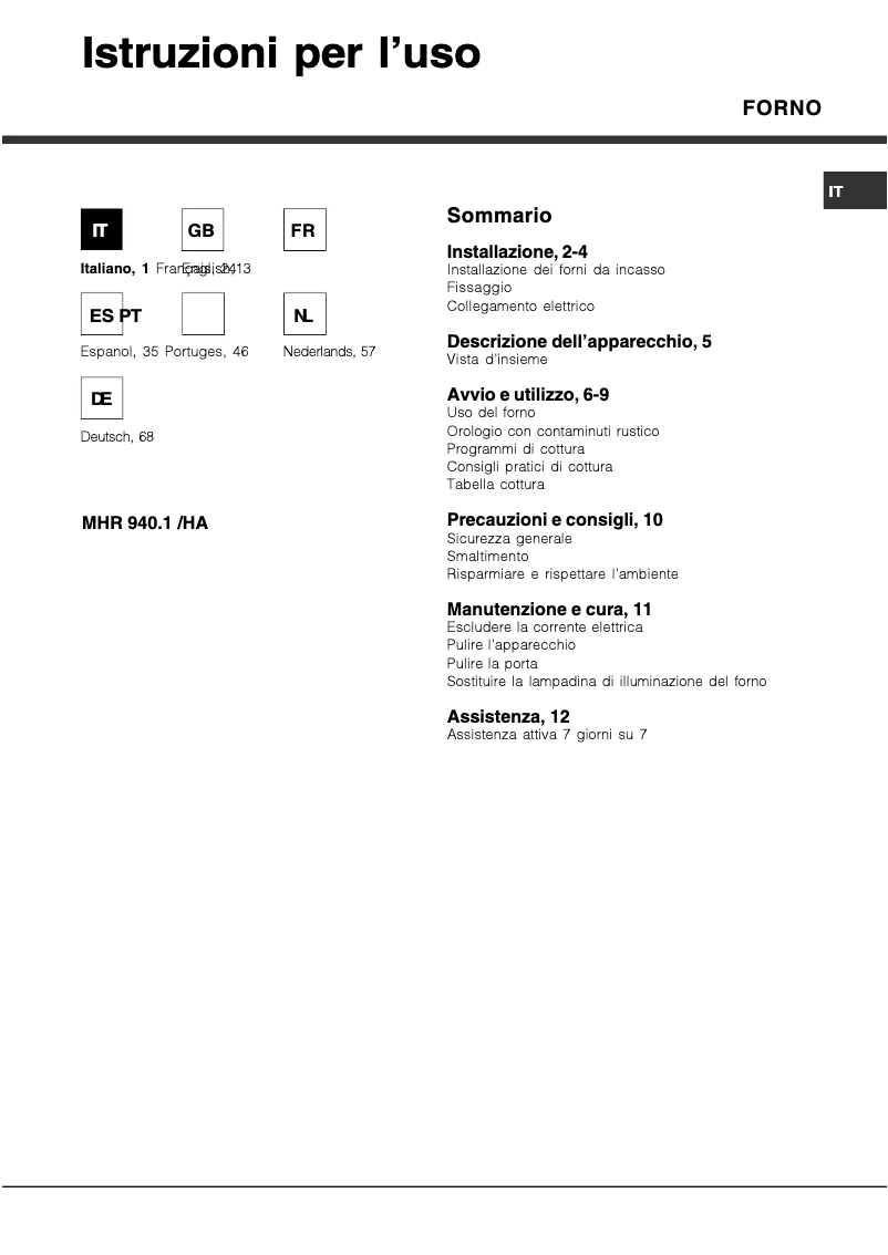 Page 1 de la notice Manuel utilisateur Hotpoint Ariston DECO MHR 940.1
