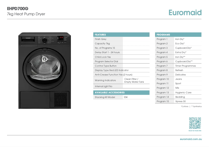 Page 1 de la notice Fiche technique Euromaid EHPD700G