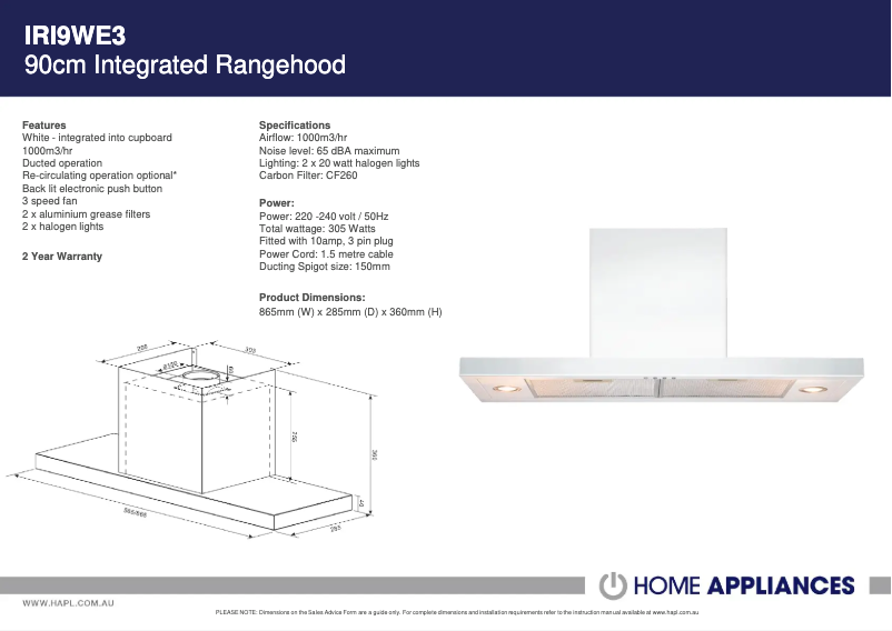 Page 1 de la notice Fiche technique ARC IRI9WE3