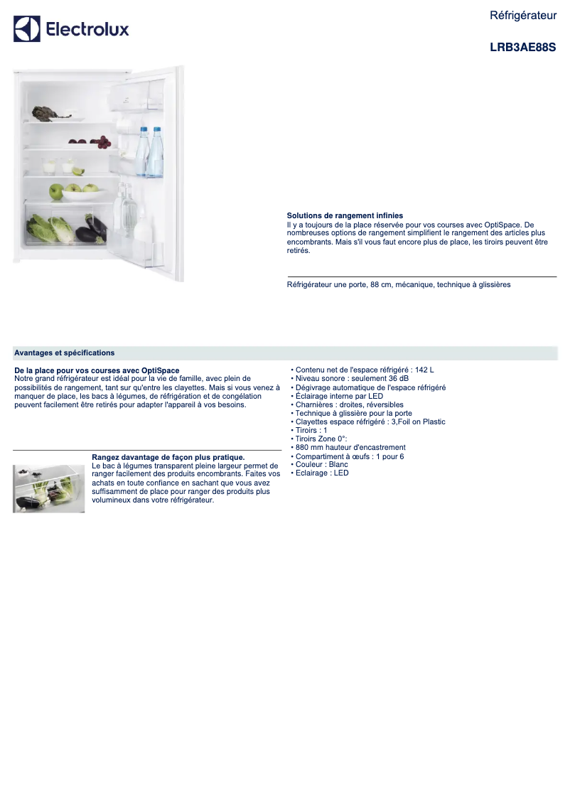 Page 1 de la notice Fiche technique Electrolux LRB3AE88S