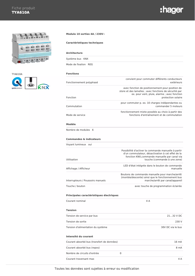 Page n°1 - Fiche technique Hager TYA610A
