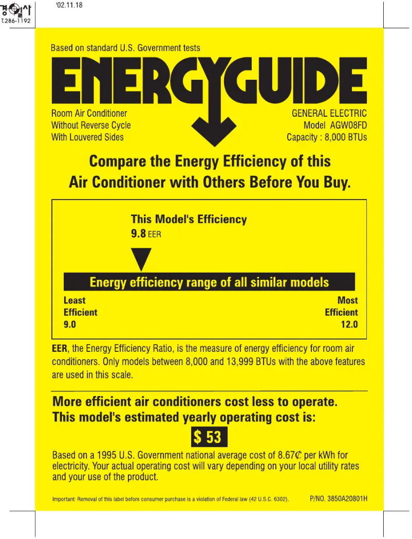 Page n°1 - Label énergétique GE AGW08FD