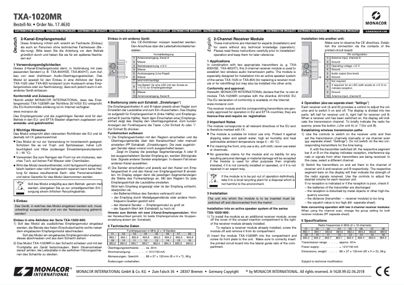 Page 1 de la notice Manuel utilisateur Monacor TXA-1020MR